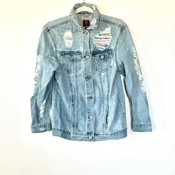 BoomBoom Jeans Jacket Denim Blue Shredded Distressed Denim Button Front Pocket M - Picture 2 of 9